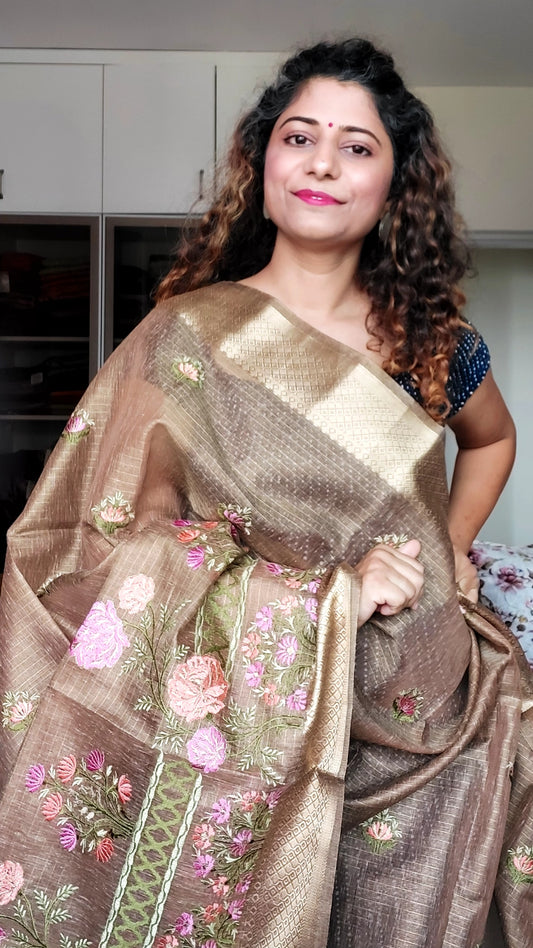 Embroidered Tissue Kota Saree-Brown