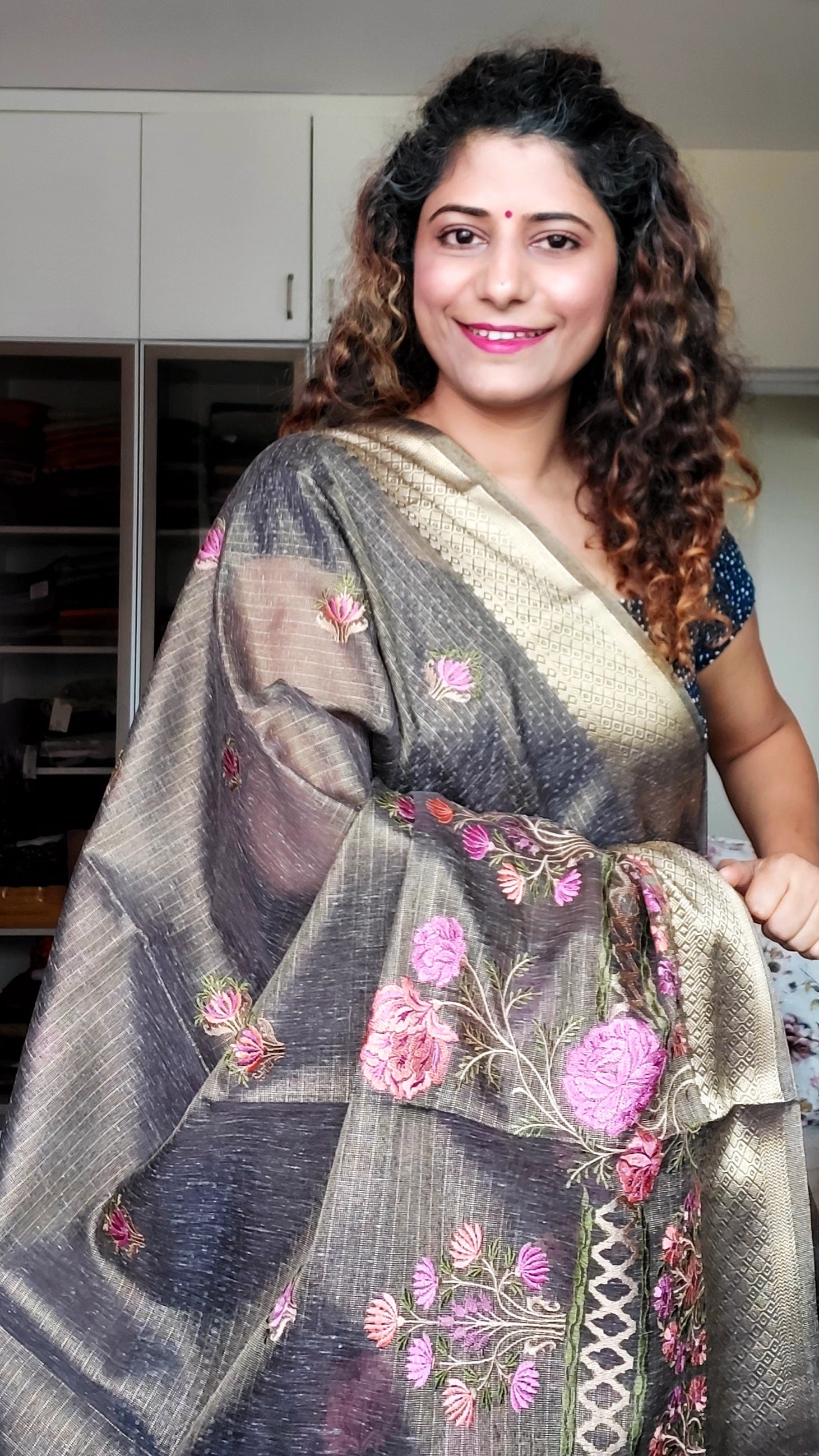 Embroidered Tissue Kota Saree-Dark Brown