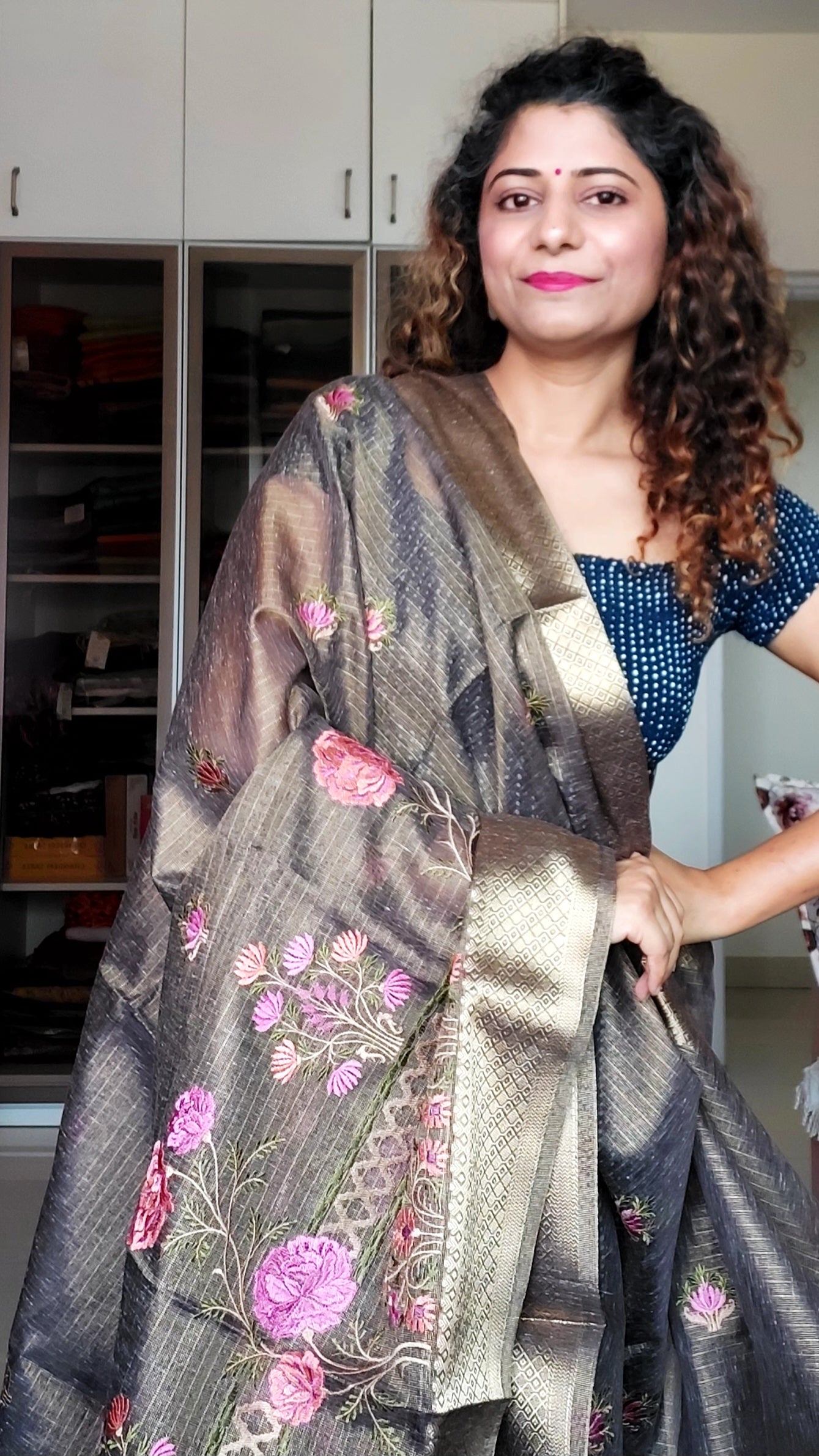 Embroidered Tissue Kota Saree-Dark Brown