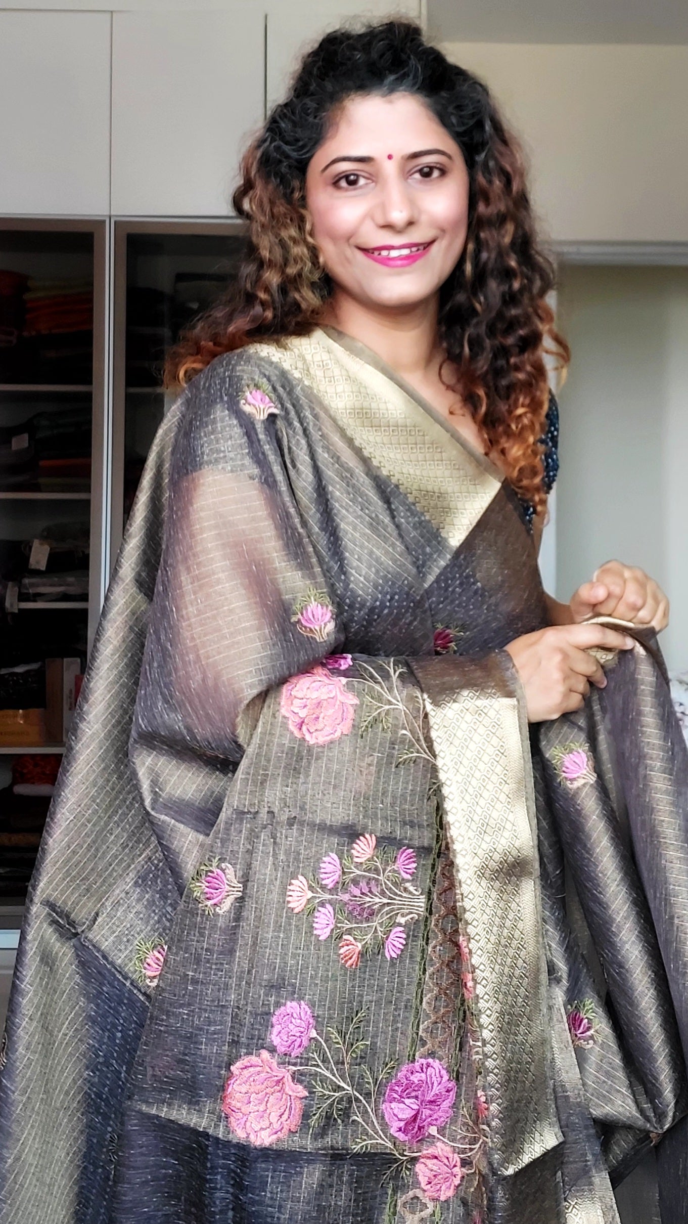 Embroidered Tissue Kota Saree-Dark Brown