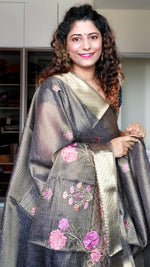 Load image into Gallery viewer, Embroidered Tissue Kota Saree-Dark Brown
