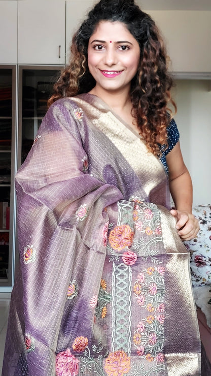 Embroidered Tissue Kota Saree-Purple