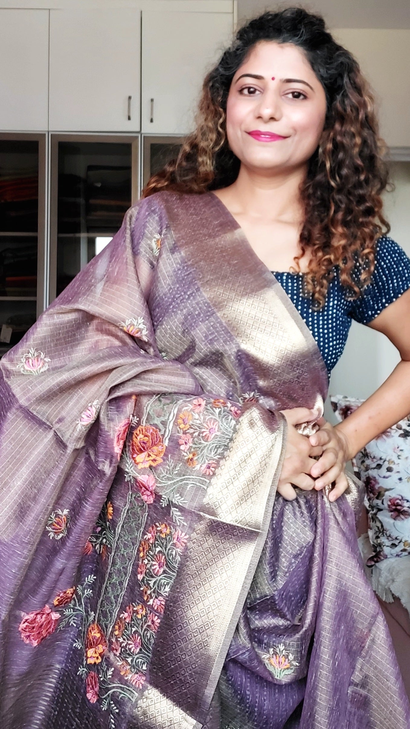 Embroidered Tissue Kota Saree-Purple