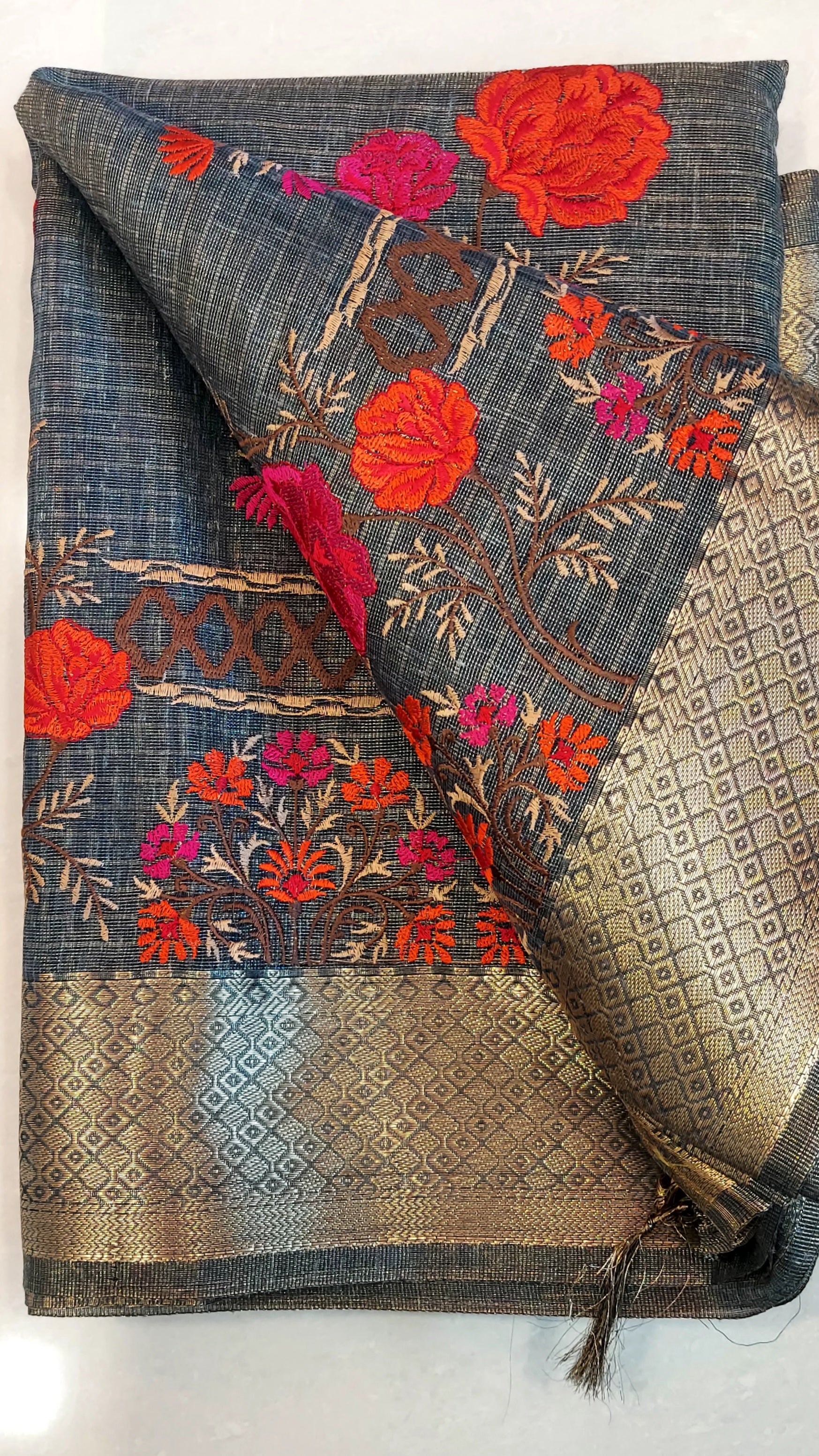 Embroidered Tissue Kota Saree-Greyish Blue