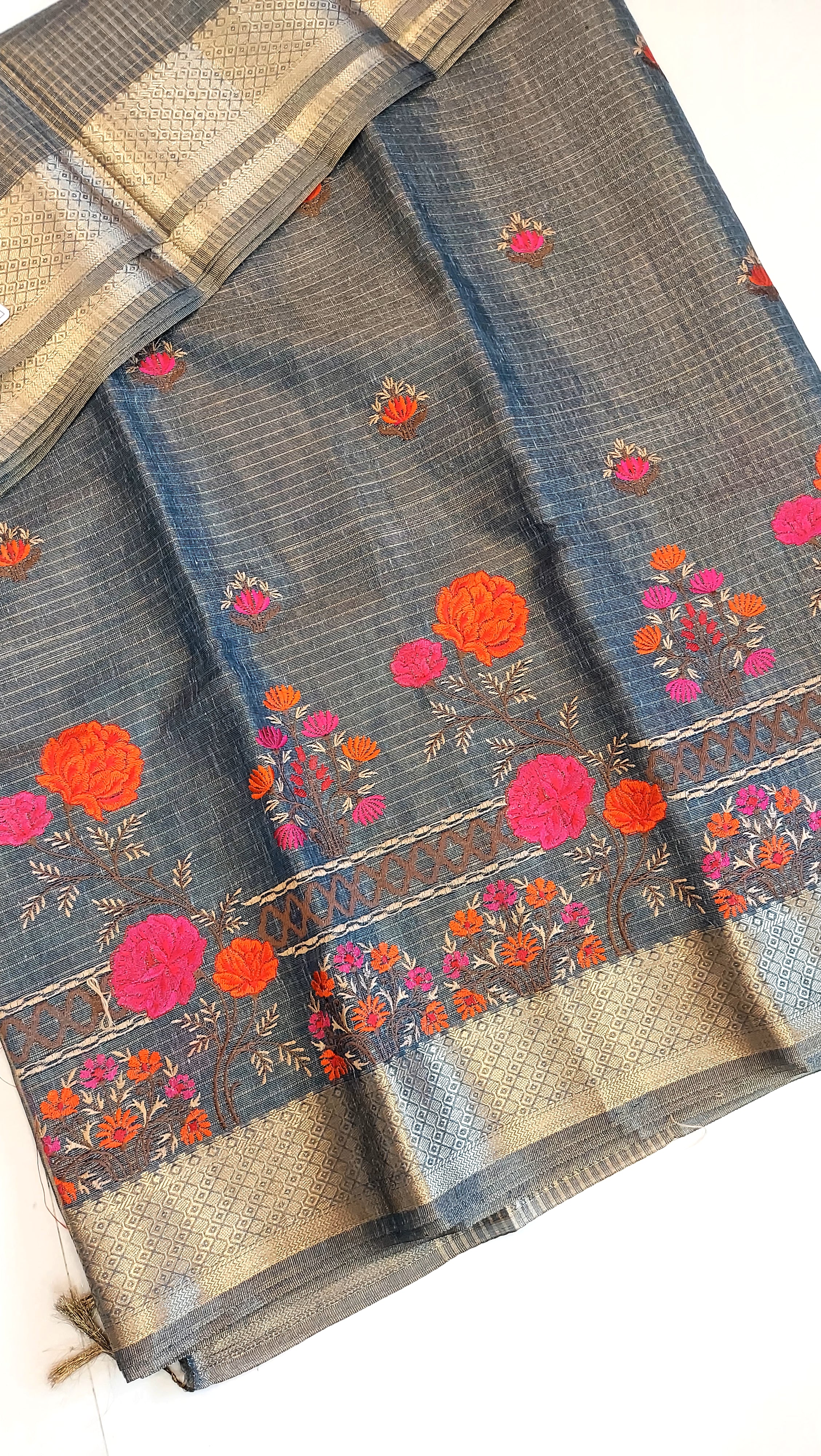 Embroidered Tissue Kota Saree-Greyish Blue