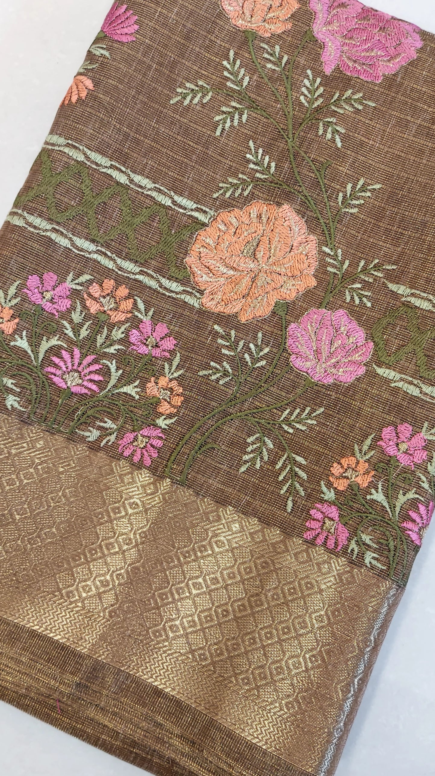 Embroidered Tissue Kota Saree-Brown