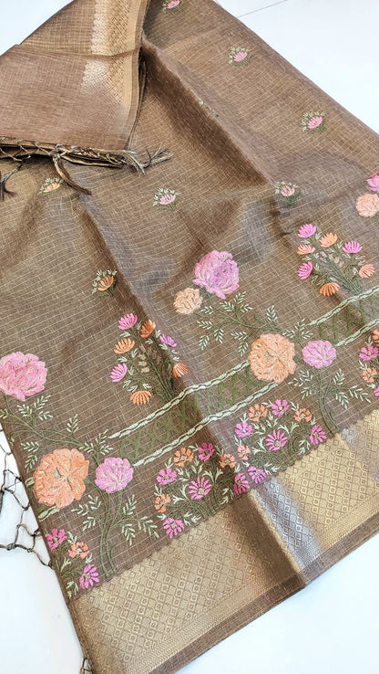 Embroidered Tissue Kota Saree-Brown