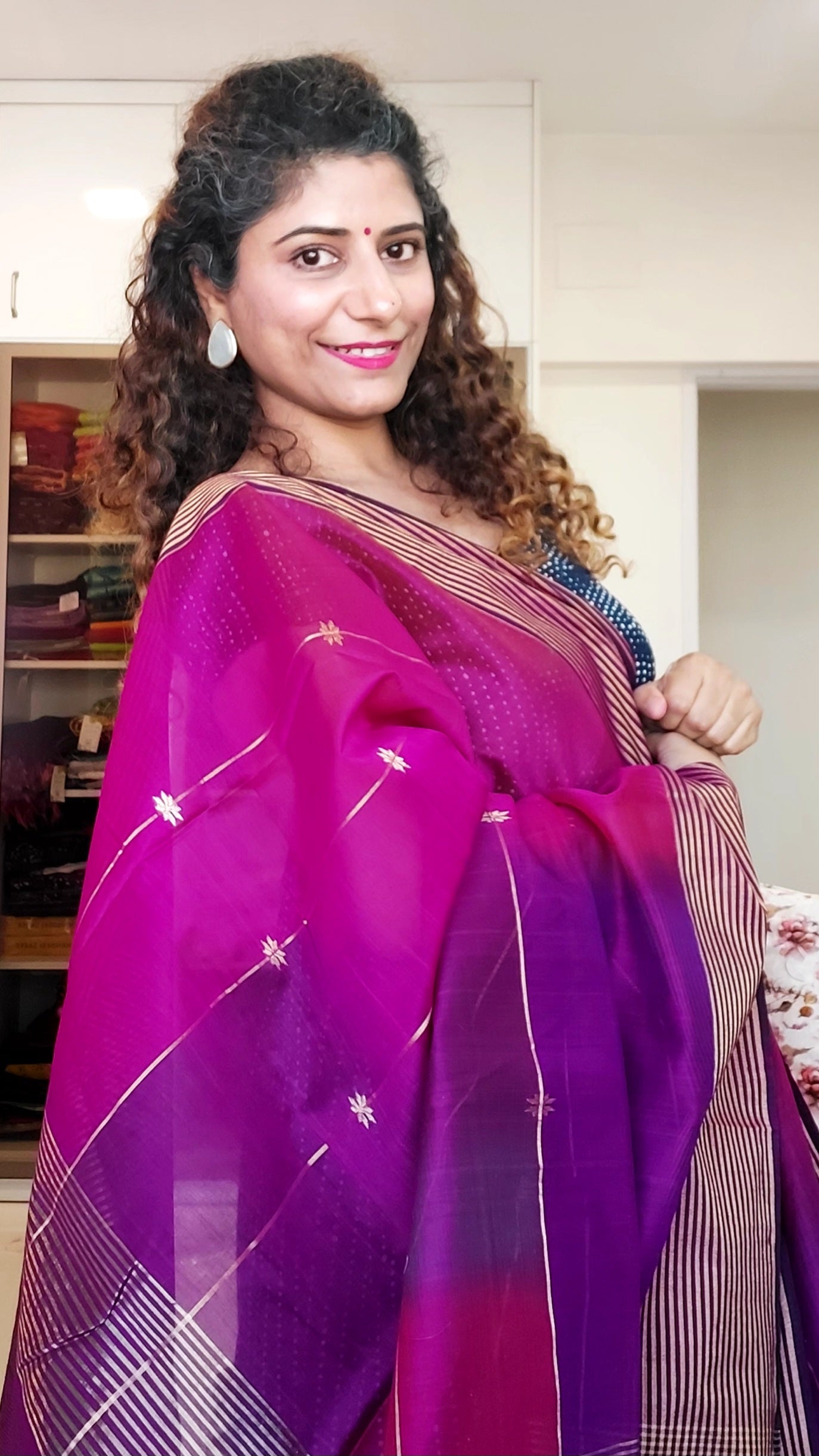 Maheshwari Silk Cotton Ombre Saree - Pink-Purple