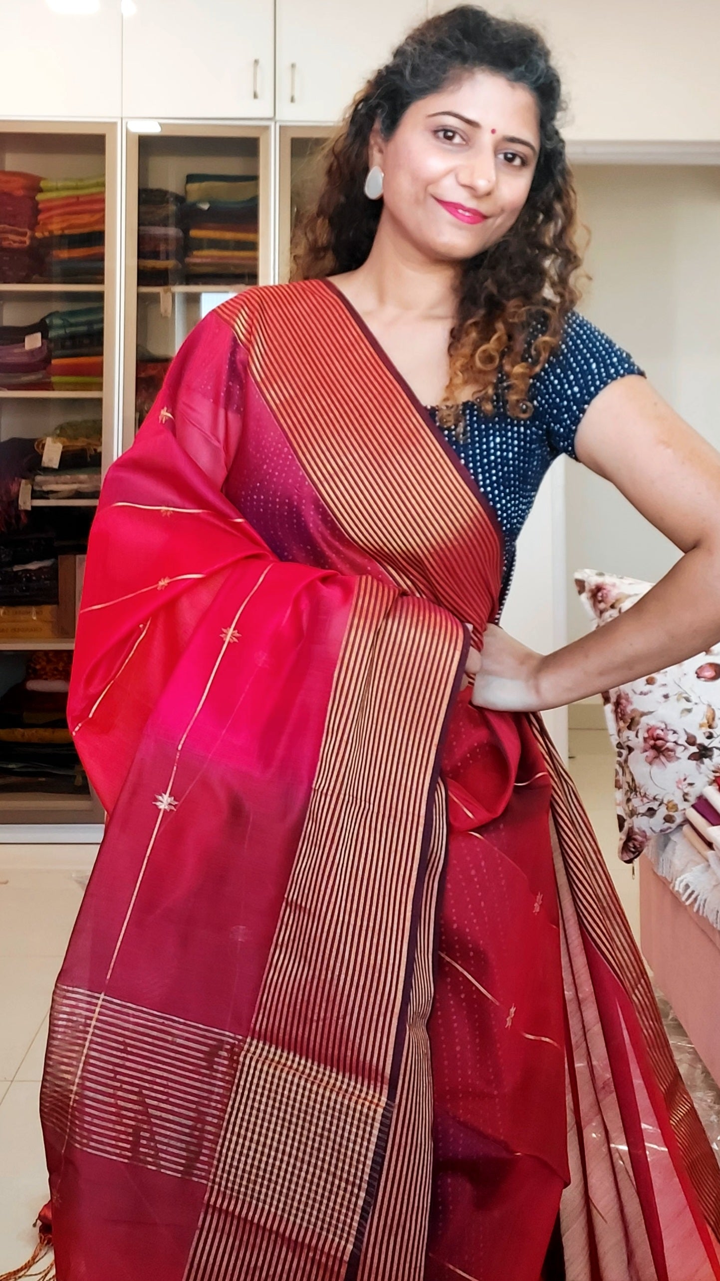 Maheshwari Silk Cotton Ombre Saree - Red