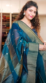 Load image into Gallery viewer, Maheshwari Silk Cotton Ombre Saree - Peacock Green
