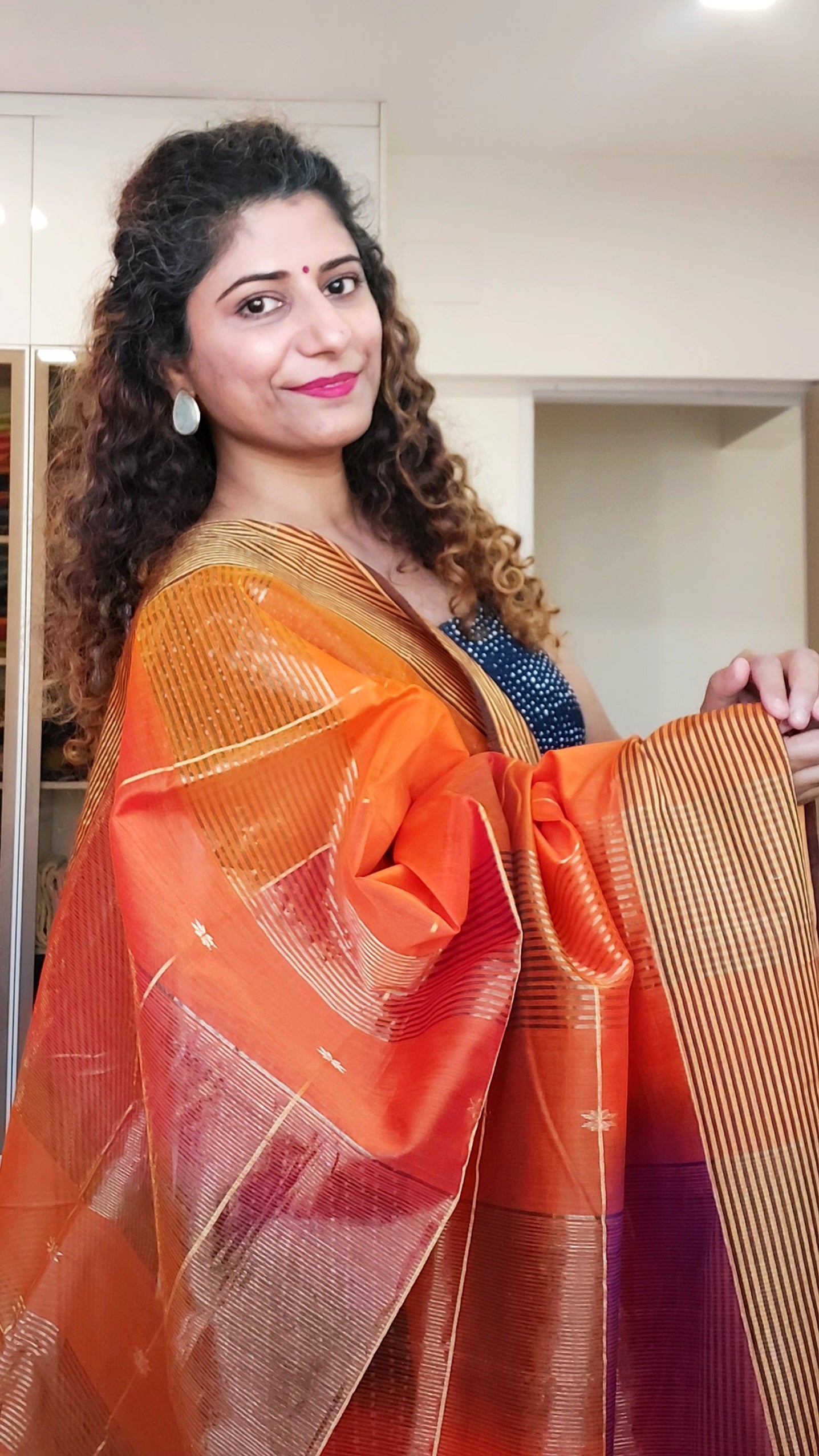 Maheshwari Silk Cotton Ombre Saree - Orange