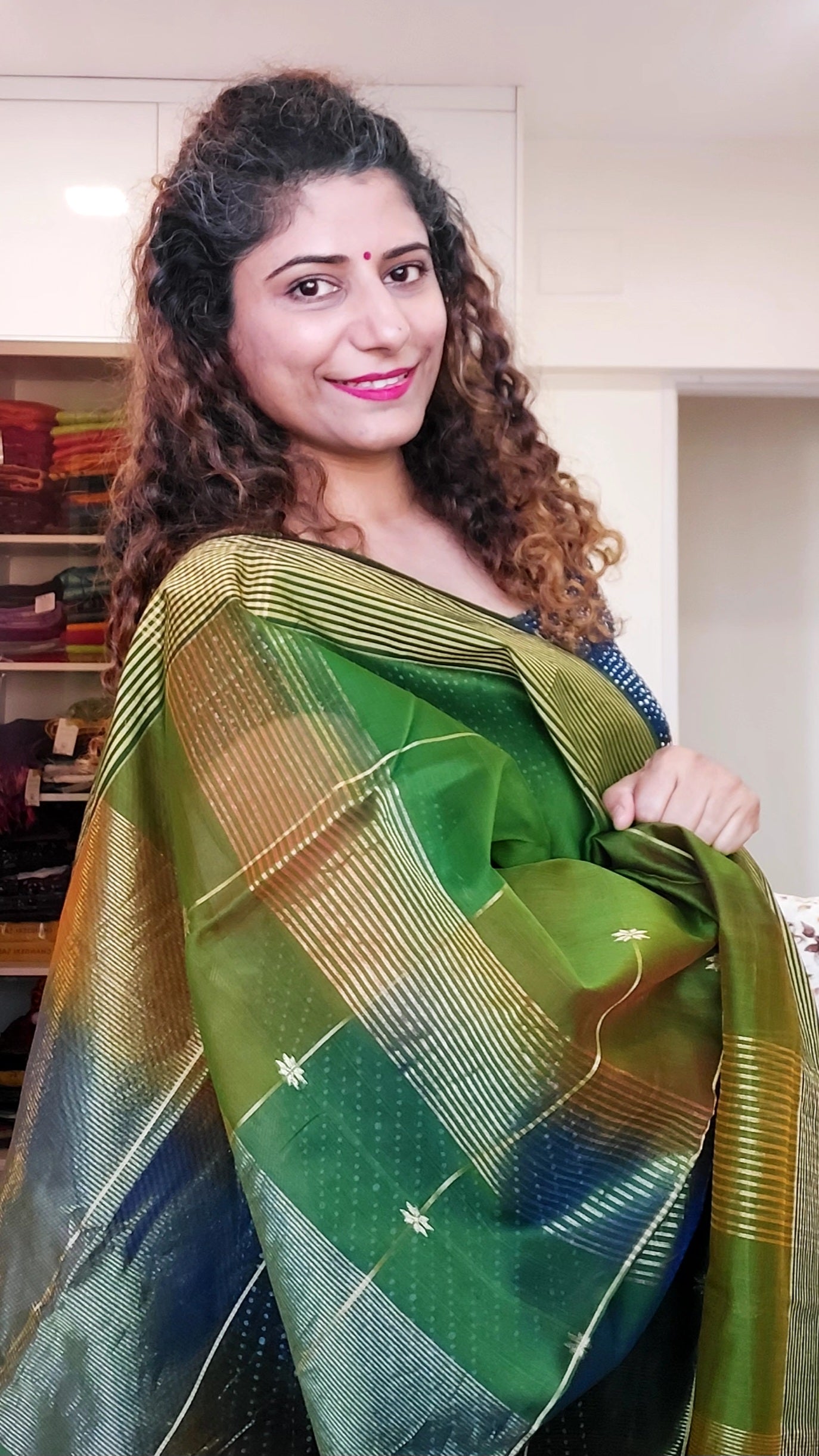 Maheshwari Silk Cotton Ombre Saree - Henna Green