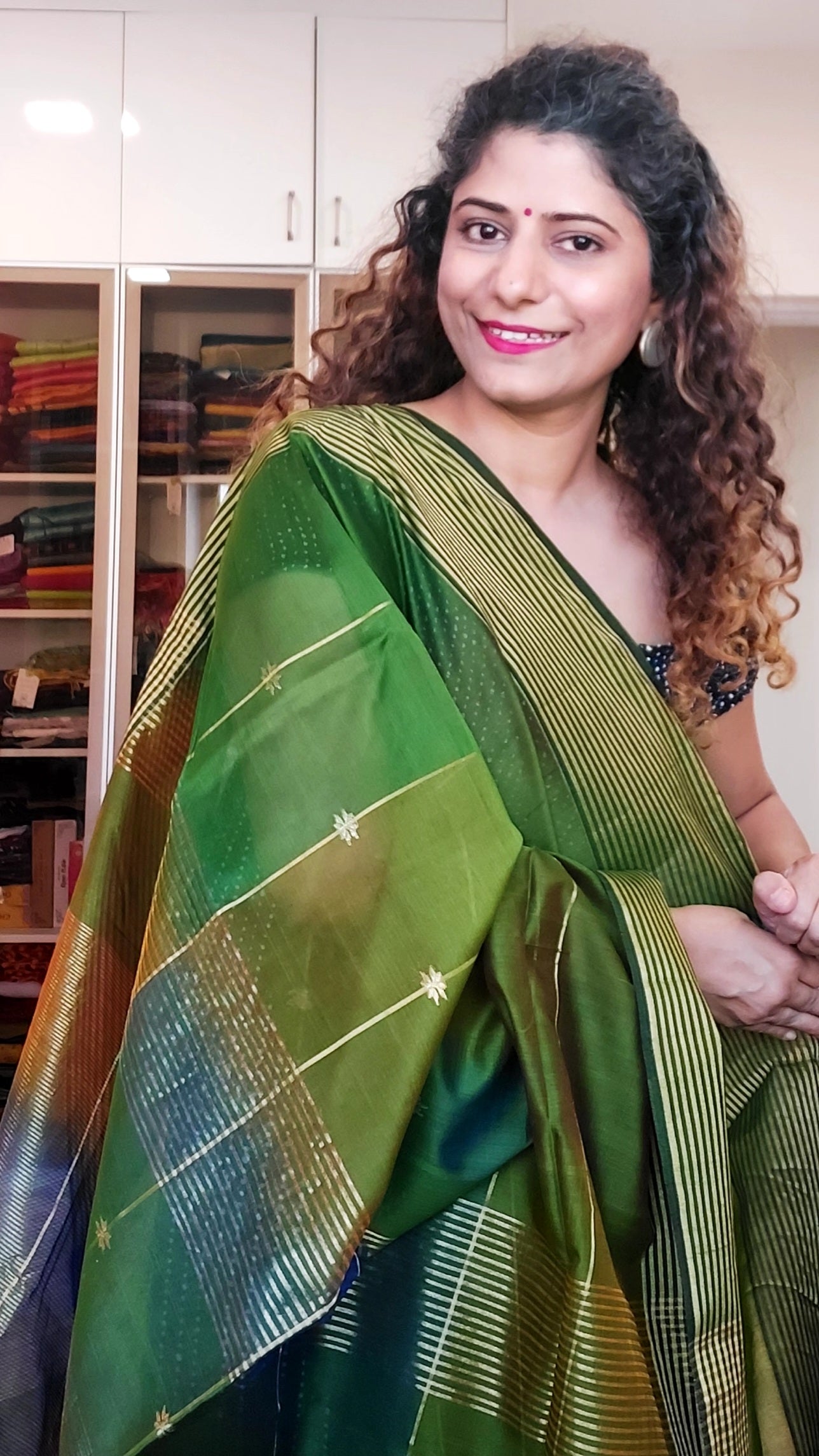 Maheshwari Silk Cotton Ombre Saree - Henna Green