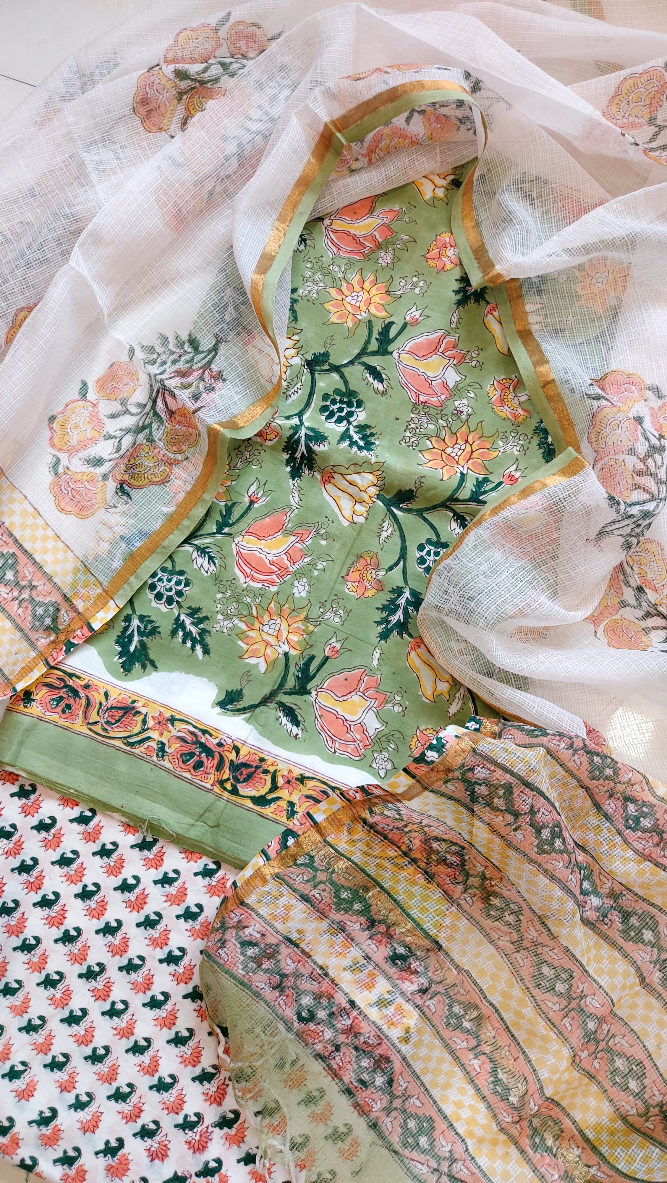 Pure Cotton Hand Block Print 3 Piece Dress Material With Kota Doria Dupatta- Code 6