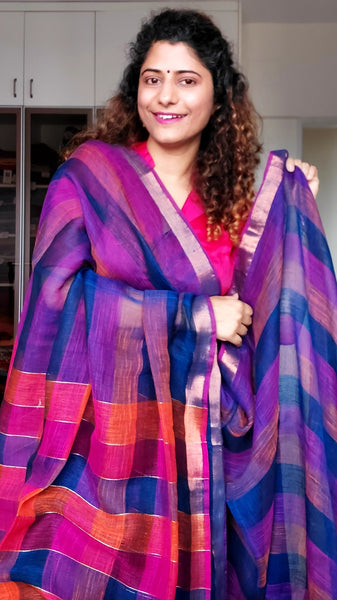 Pink Linen Saree With Golden Zari Border - Dreaming Loud