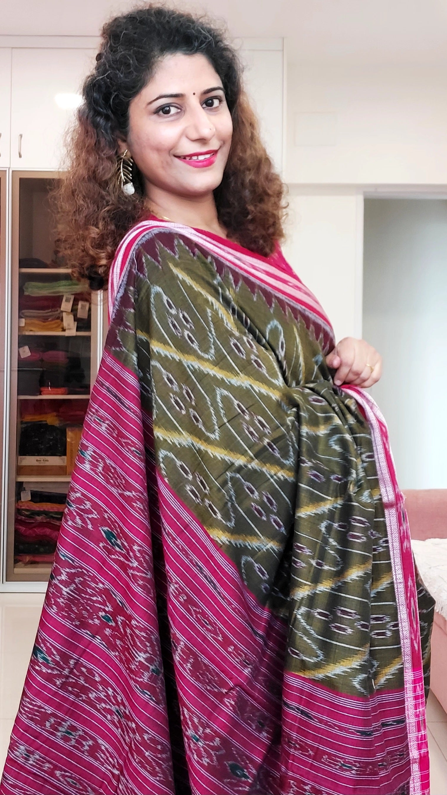 Odisha Ikkat Khandua Cotton Saree - Olive Green & Red