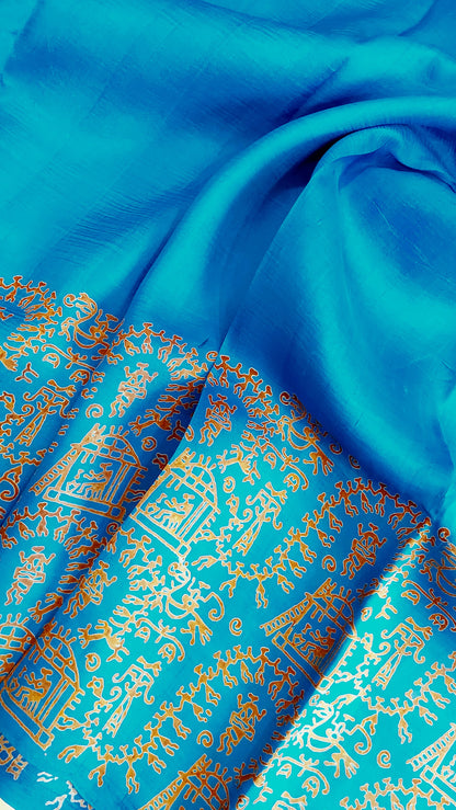 Murshidabad Pure Silk Sarees Hand block Print- Firozi