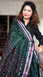 Load image into Gallery viewer, Odisha Ikkat Khandua Cotton Saree- Green &amp; Black
