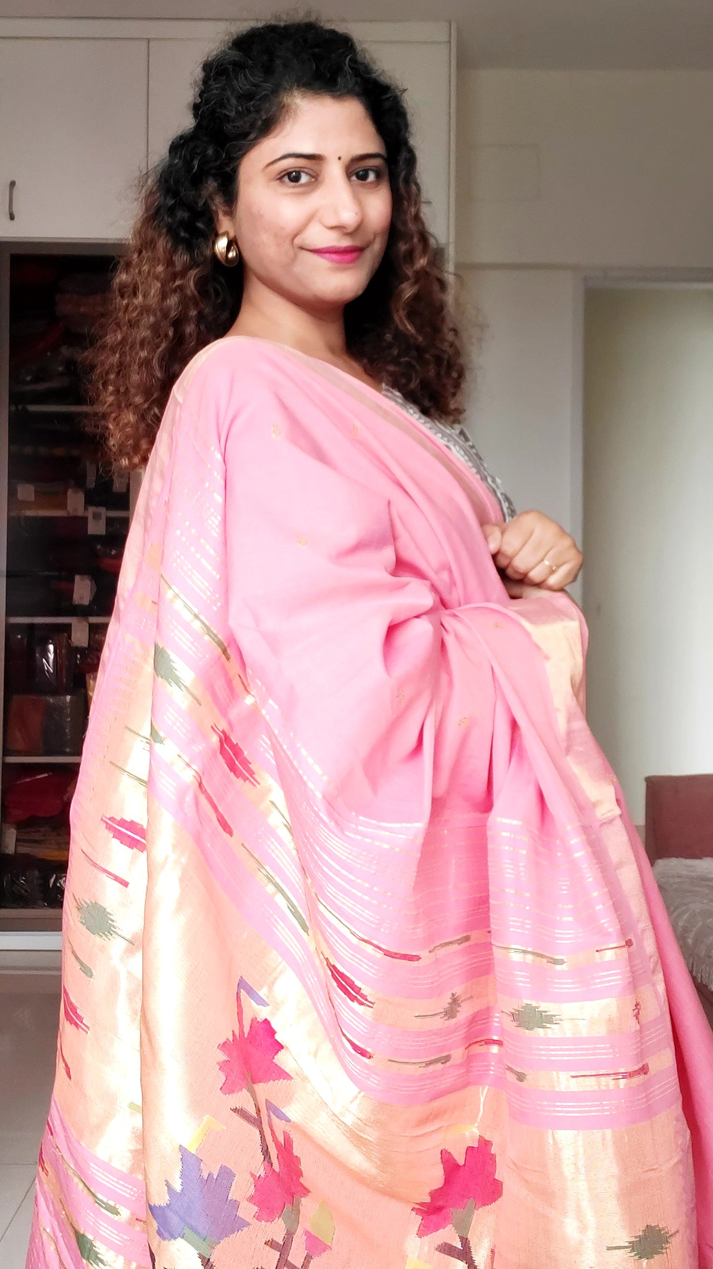 Cotton Paithani Saree With Fancy Pallu-Medium Pink