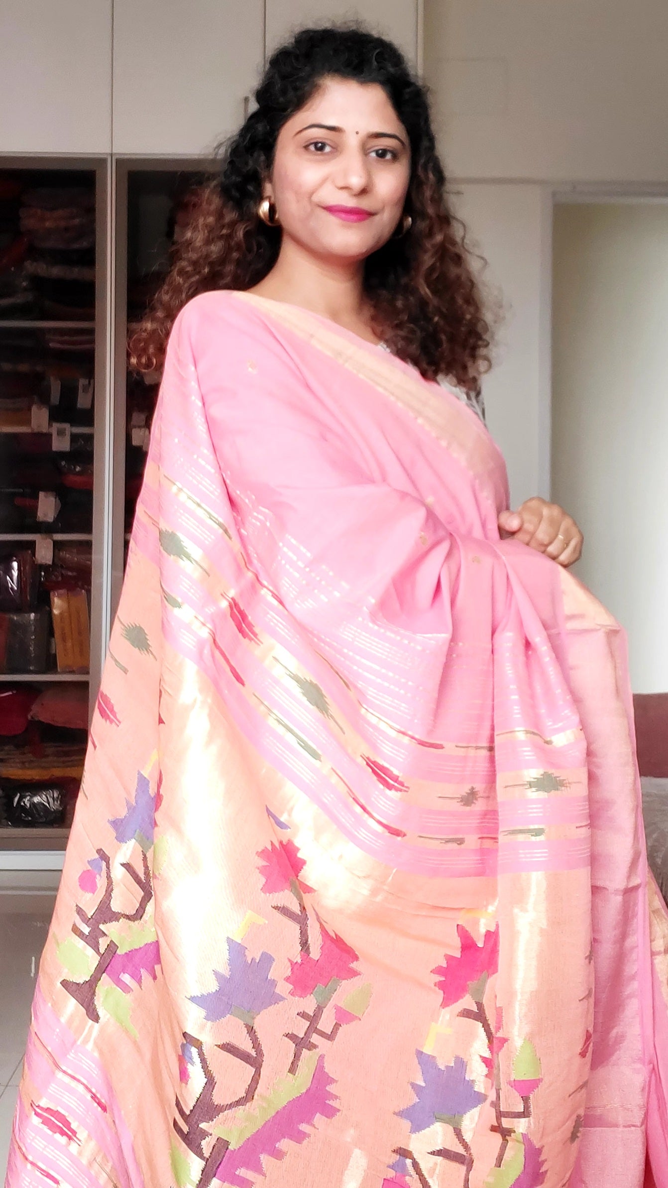 Cotton Paithani Saree With Fancy Pallu-Medium Pink