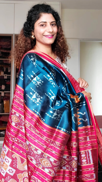 Odisha Ikkat Khandua Silk Saree- Teal