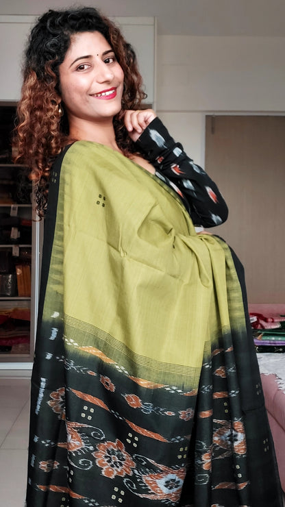 Ek Phulia Cotton Saree- Olive Black