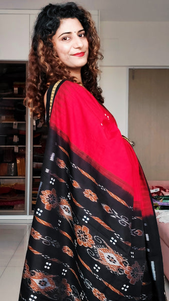 Solid/Plain Handloom Cotton Silk Plain Saree With Red Border For Women  (Black,Red) | Plain Black Saree | Silk Saree | Saree for Women | Saree