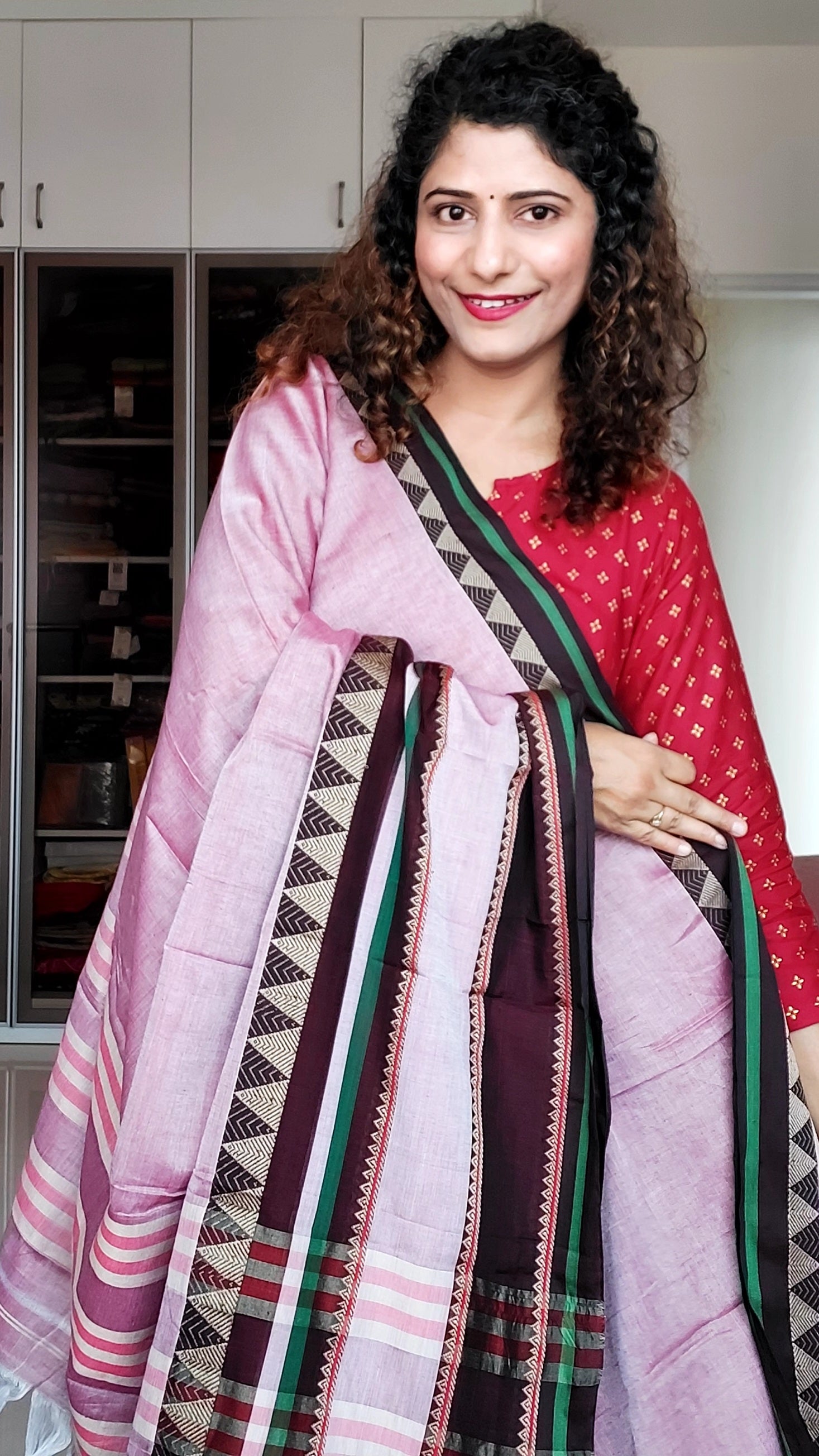 Narayanpet Mercerized Cotton Saree With Broad Border - Dusty Pink