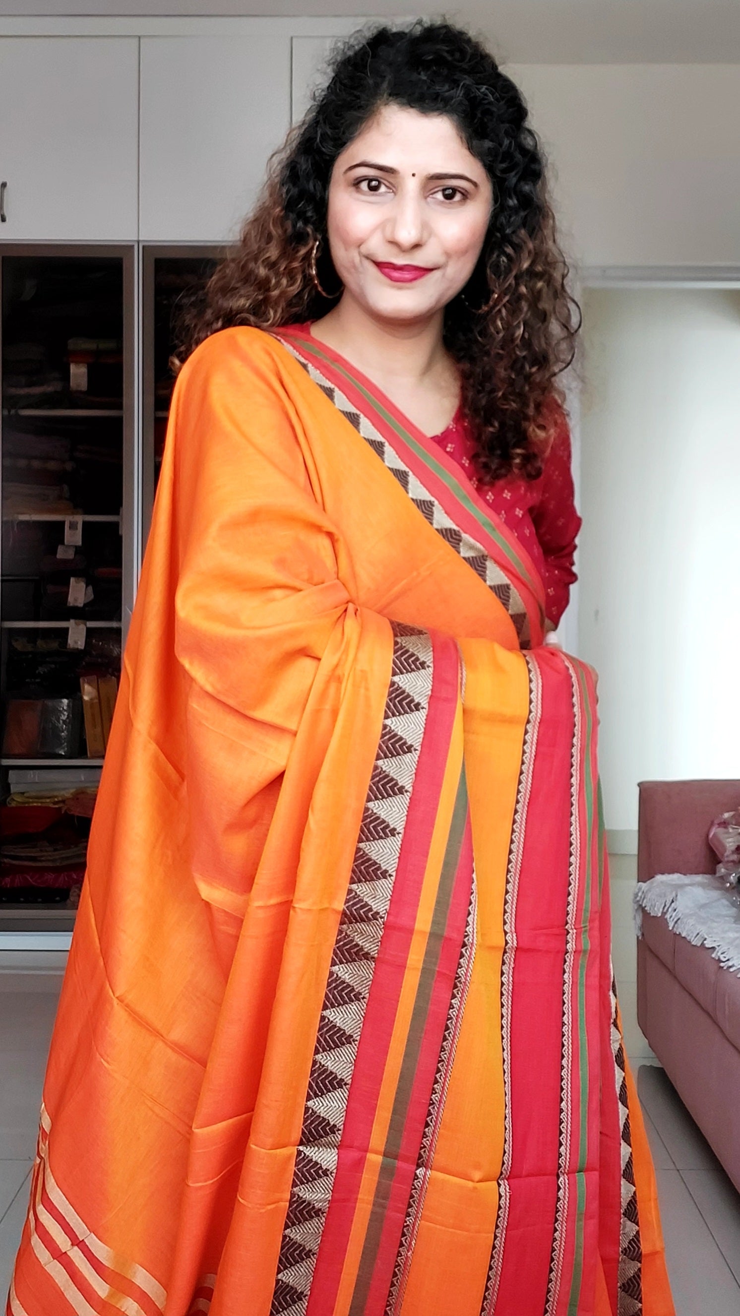 Narayanpet Mercerized Cotton Saree With Broad Border - Orange