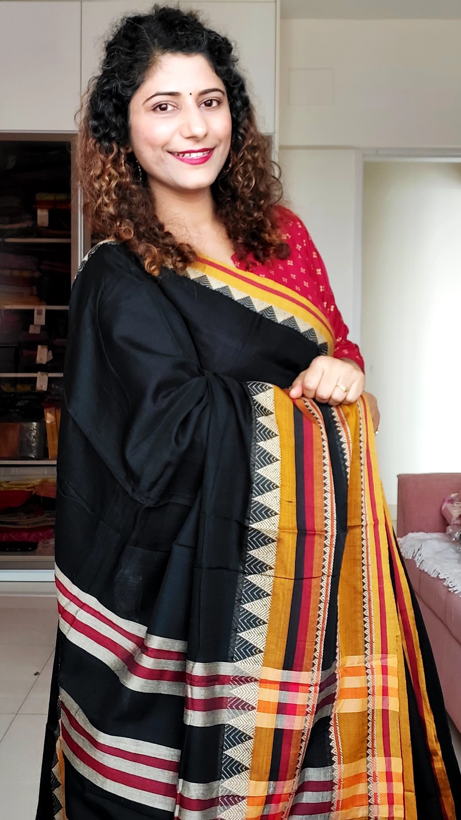 Narayanpet Mercerized Cotton Saree With Broad Border - Black