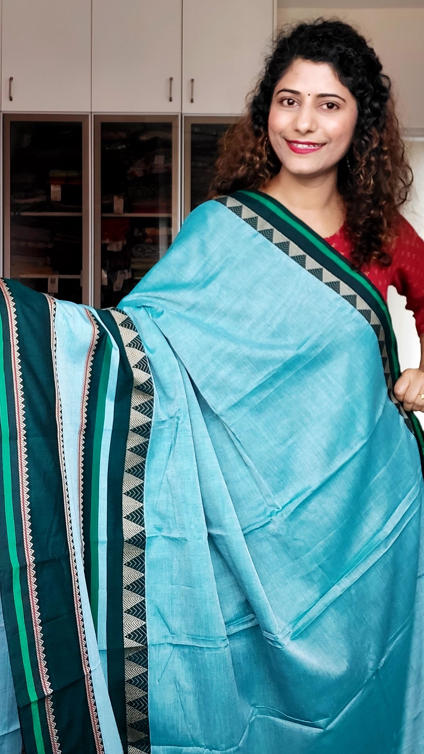 Narayanpet Mercerized Cotton Saree With Broad Border - Sea Blue