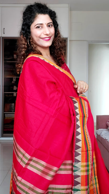 Narayanpet Mercerized Cotton Saree With Broad Border - Red