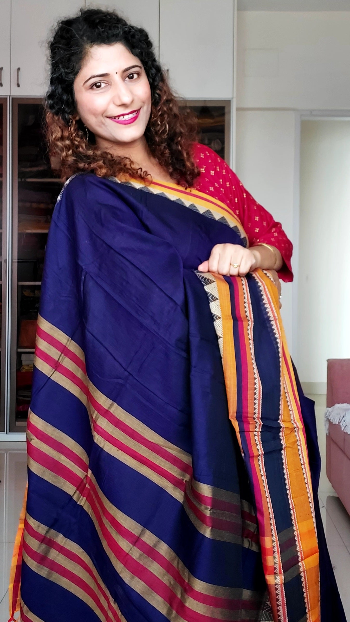 Narayanpet Mercerized Cotton Saree With Broad Mustard Border - Ink Blue