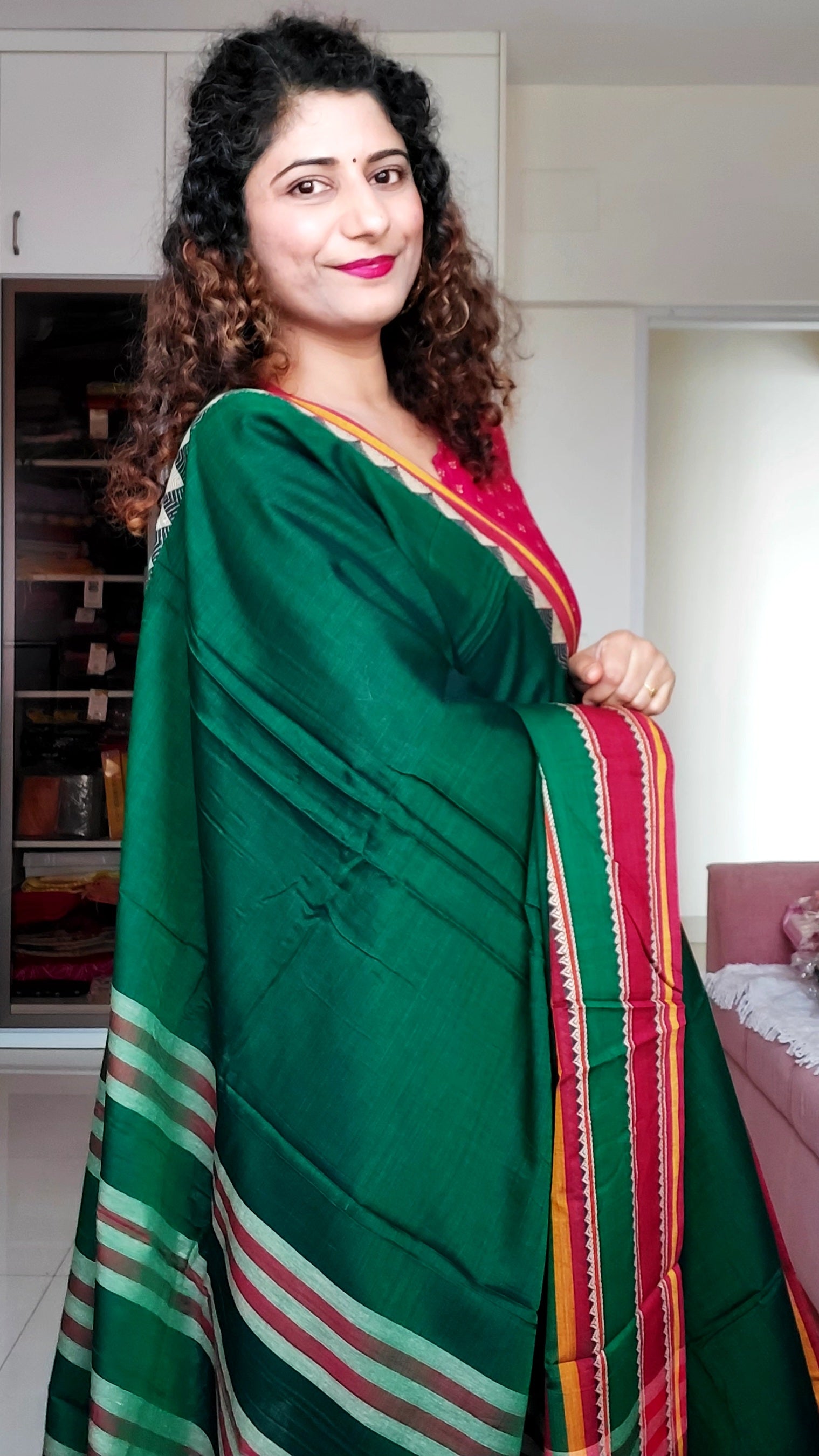 Narayanpet Mercerized Cotton Saree With Broad Border - Green