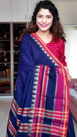 Load image into Gallery viewer, Narayanpet Mercerized Cotton Saree With Broad Pink Border - Ink Blue
