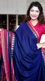 Load image into Gallery viewer, Narayanpet Mercerized Cotton Saree With Broad Pink Border - Ink Blue
