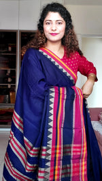 Load image into Gallery viewer, Narayanpet Mercerized Cotton Saree With Broad Pink Border - Ink Blue
