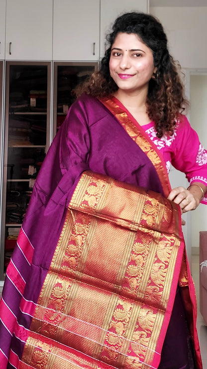 Narayanpet Mercerized Cotton Saree With Zari Border - Purple 2