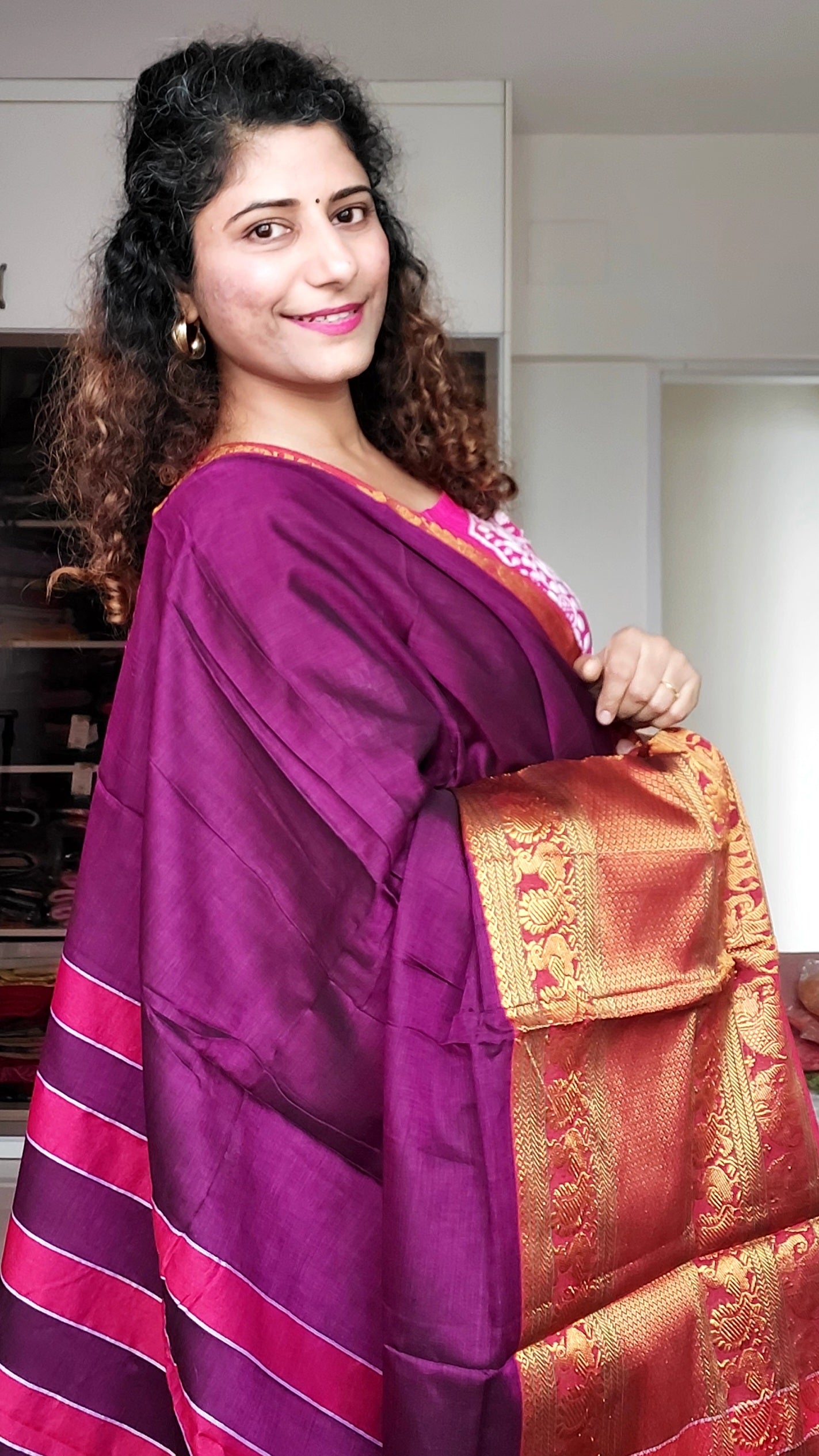 Narayanpet Mercerized Cotton Saree With Zari Border - Purple 2