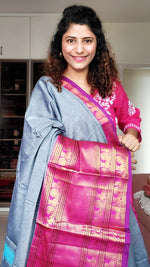 Load image into Gallery viewer, Narayanpet Mercerized Cotton Saree With Zari Border - Grey
