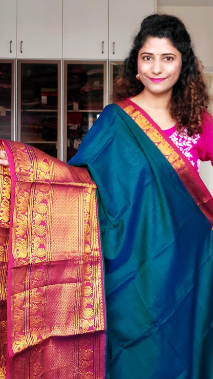 Narayanpet Mercerized Cotton Saree With Zari Border - Peacock Blue