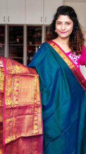 Narayanpet Mercerized Cotton Saree With Zari Border - Peacock Blue