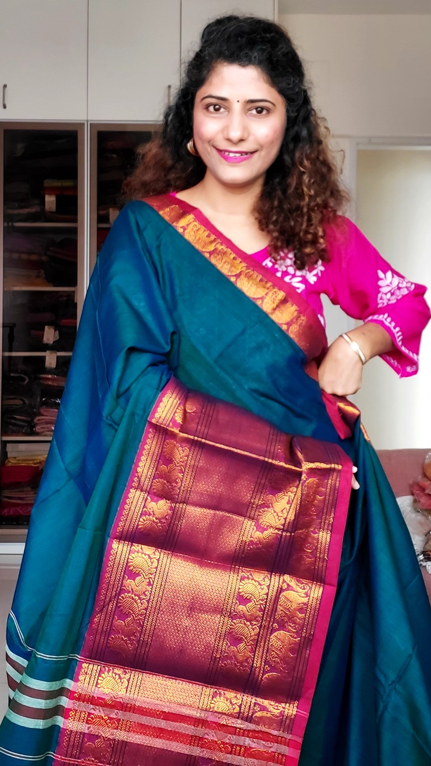 Narayanpet Mercerized Cotton Saree With Zari Border - Peacock Blue