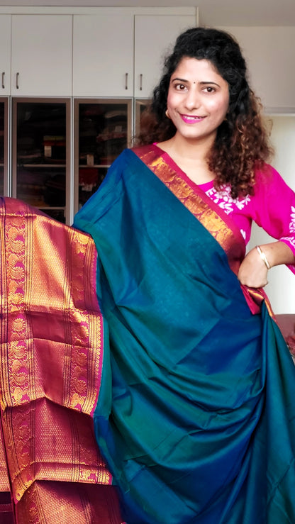 Narayanpet Mercerized Cotton Saree With Zari Border - Peacock Blue