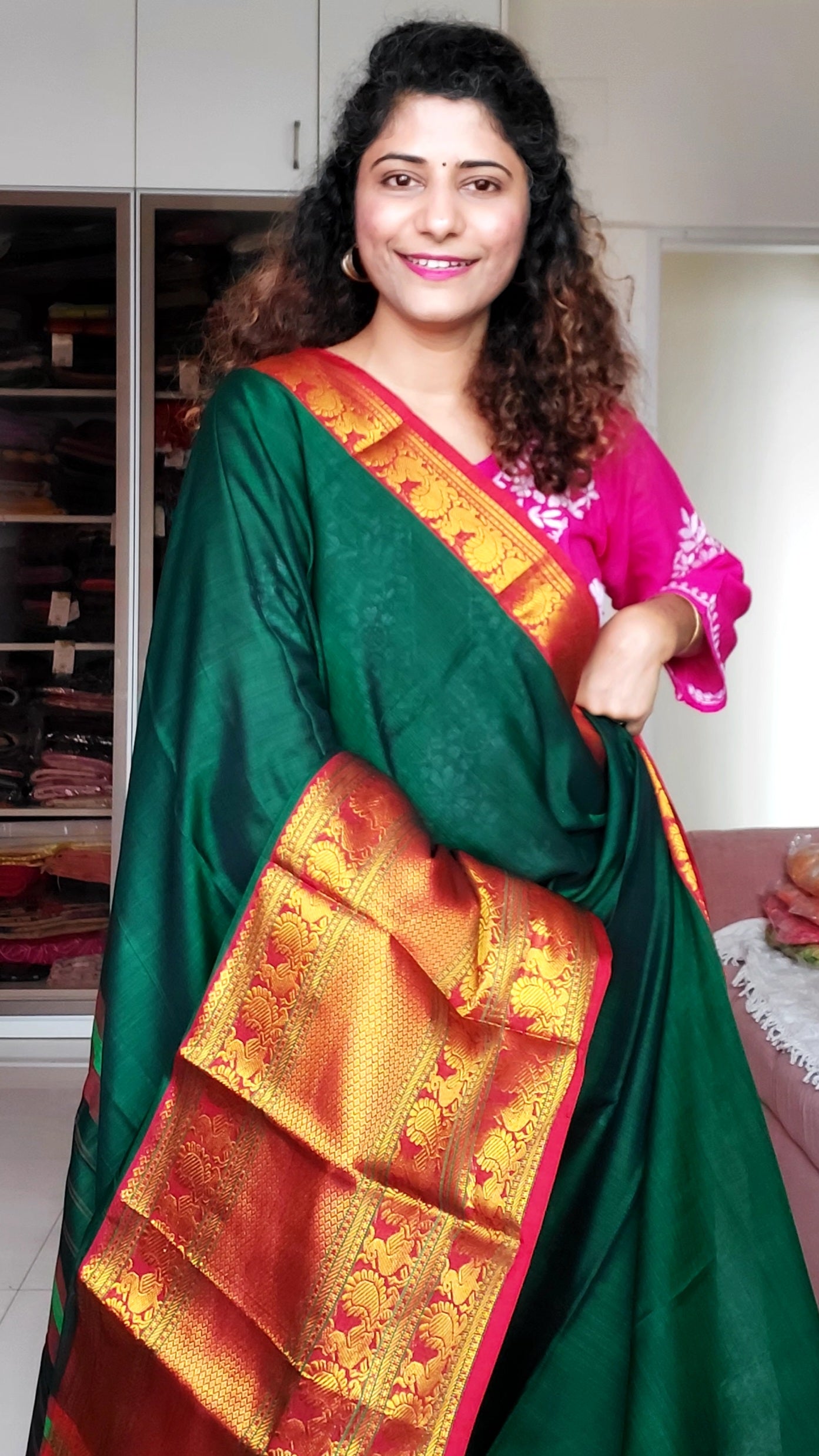 Narayanpet Mercerized Cotton Saree With Zari Border - Green 1