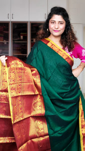 Narayanpet Mercerized Cotton Saree With Zari Border - Green 2