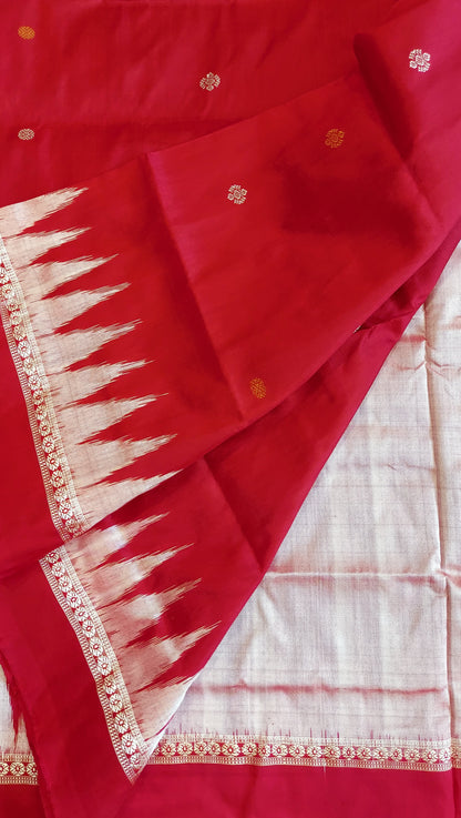 Ek Phulia Bomkei Pure Silk Pata Saree- Red