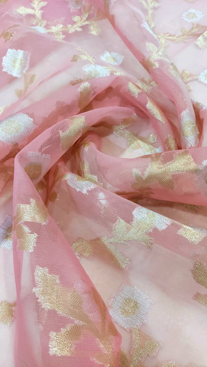 Semi Organza Banarasi Saree- Pink