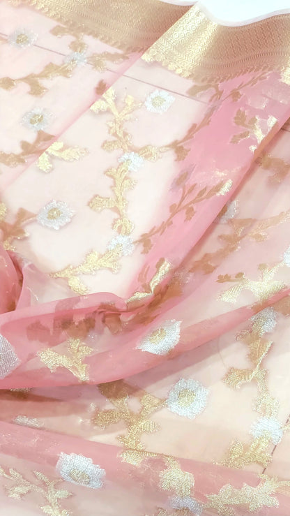 Semi Organza Banarasi Saree- Pink