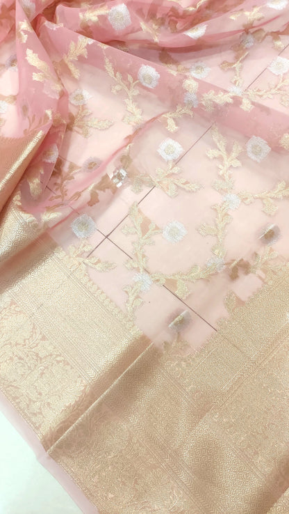 Semi Organza Banarasi Saree- Pink